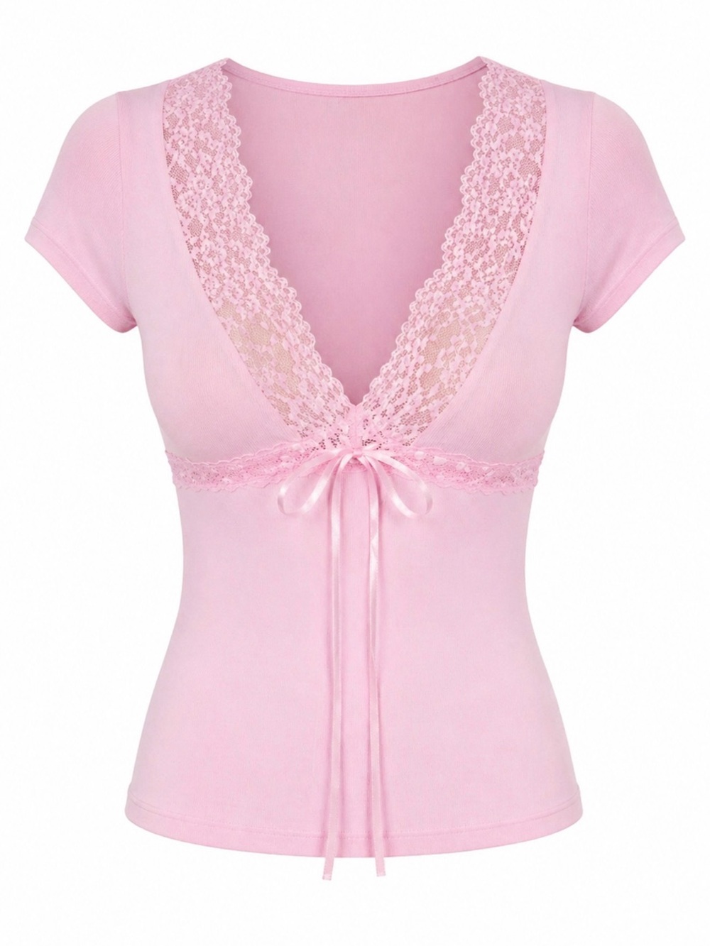 Women's Pink Lace-Trim Short Sleeve Sleep Top